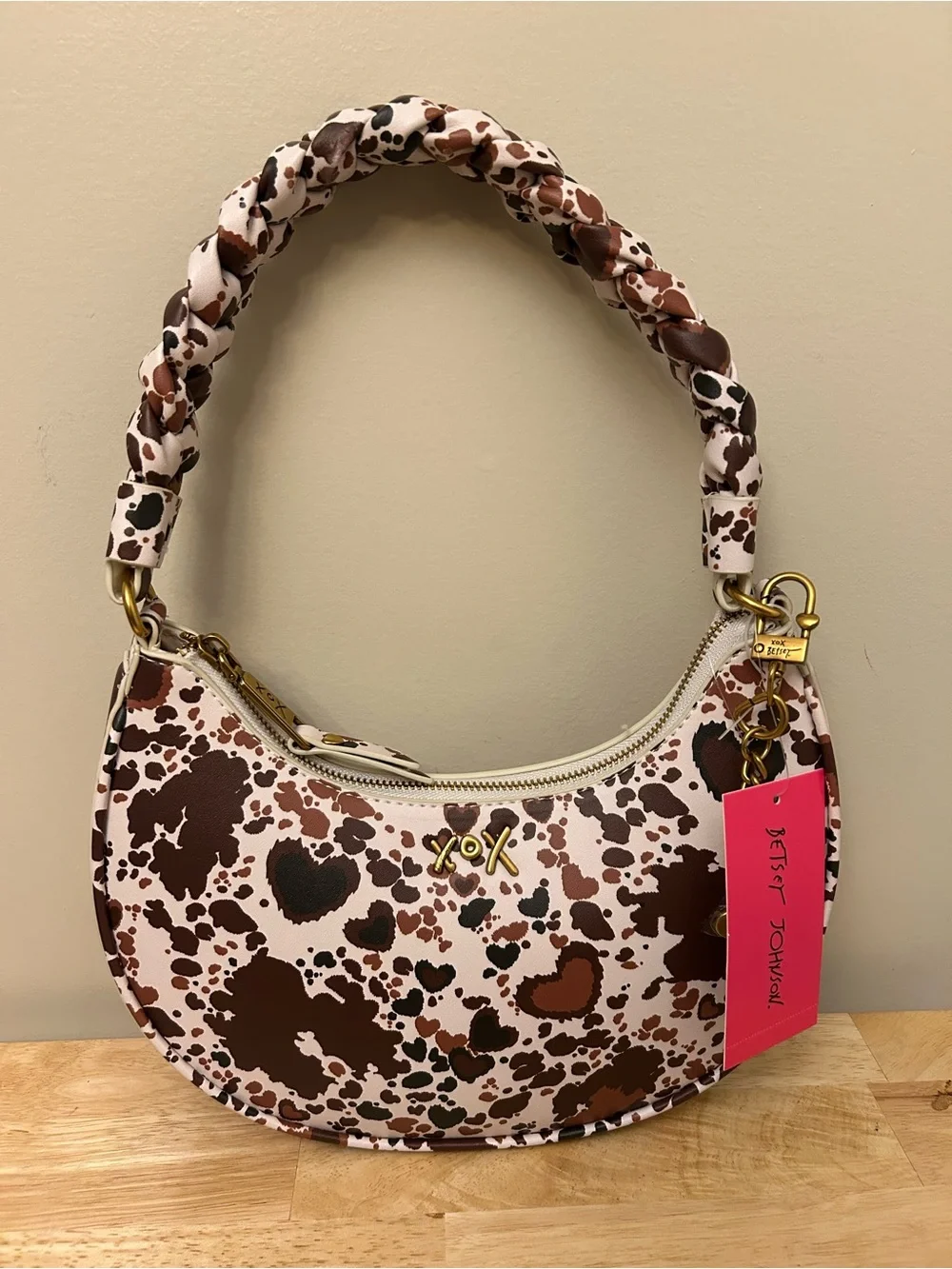 Betsey Johnson Brown & Cream Heart Print Hobo Bag